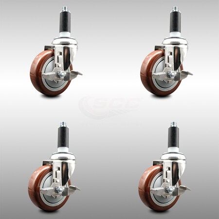 Service Caster 4 Inch 316SS Maroon Poly Swivel 1-1/8 Inch Expanding Stem Caster Set Brake SCC SCC-SS316EX20S414-PPUB-MRN-TLB-118-4